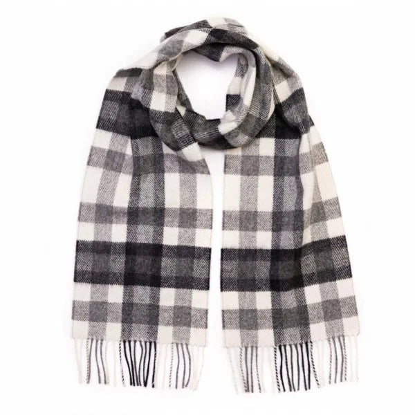 Irischer Wollschal Lang Schneegrau, Anthrazit, Kariert