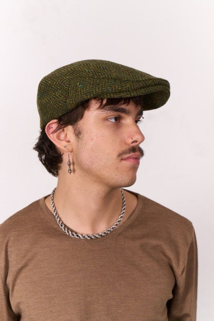 John Hanly "Tweed Schiebermütze" Moos-Grün Fischgrat