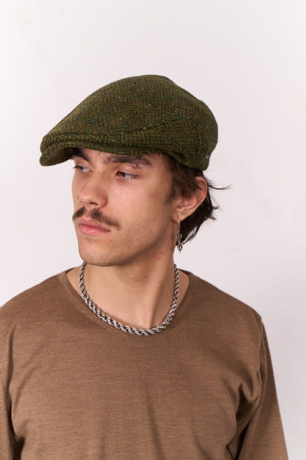 John Hanly "Tweed Schiebermütze" Moos-Grün Fischgrat