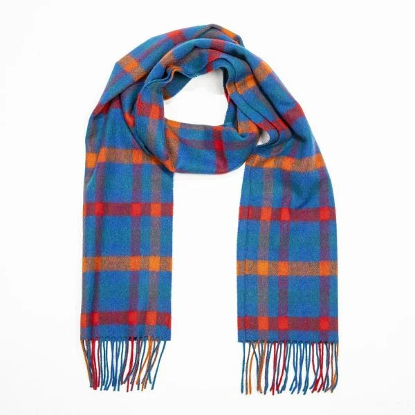 Irischer Wollschal Blau, Orange, Rot, Kariert