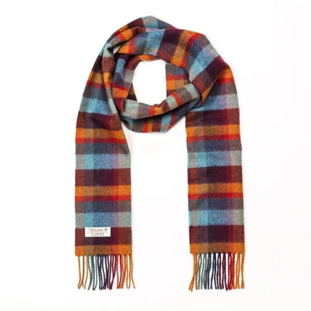 Irischer Wollschal Lang Orange, Blaugrün, Jeansblau, Kariert