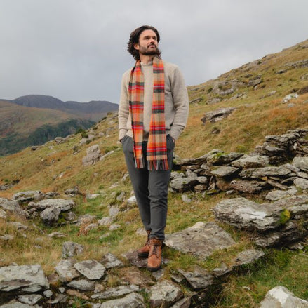 Irischer Wollschal Lang Beige, Orange, Rot, Charcoal Plaid